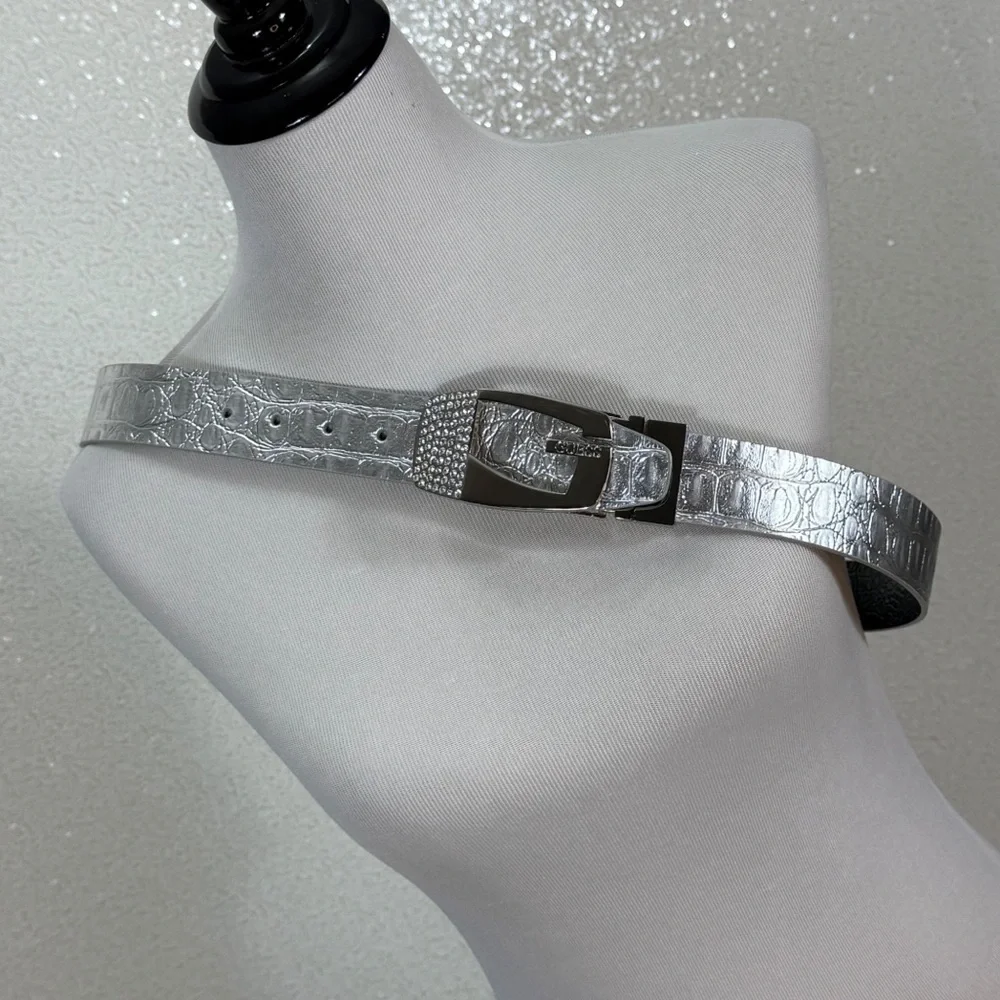 GUESS Silver Belt Rhinestone Buckle Metallic Faux Leather 38- 42 Waist